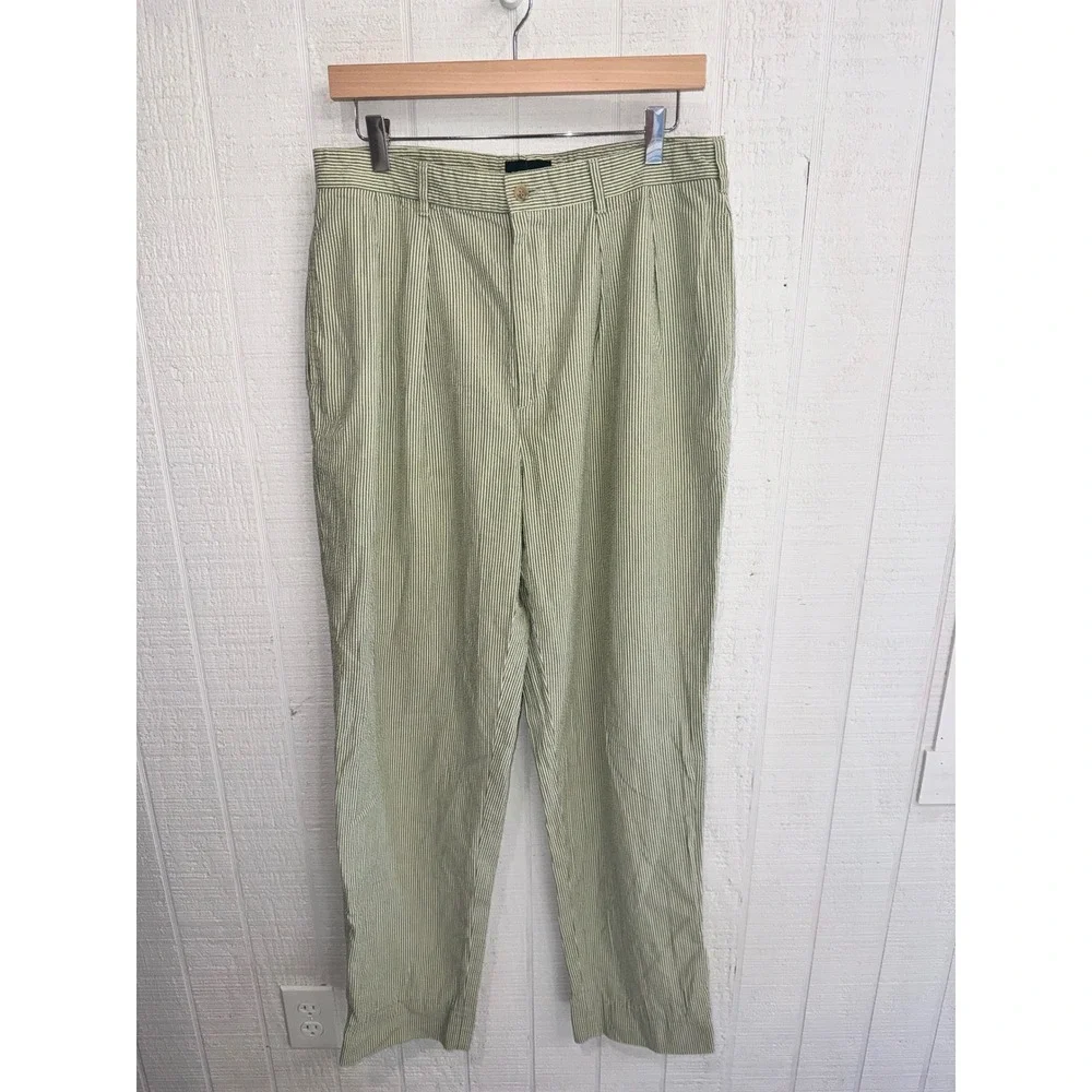 J.Crew Pleated Trousers Mens Green White Seersucker Striped Cotton Pants 33